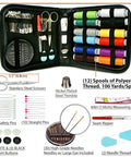 Open compact sewing kit for beginners showing 12 thread colors, 75+ tools including scissors, needles, and measuring tape.