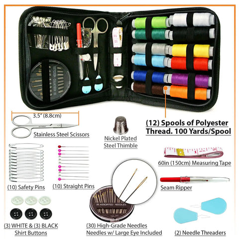 Open compact sewing kit for beginners showing 12 thread colors, 75+ tools including scissors, needles, and measuring tape.