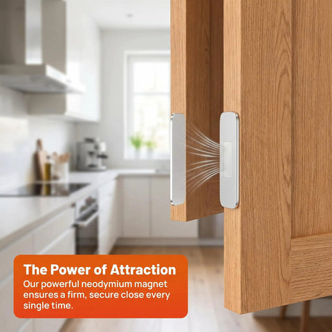 12 Pack No Drill Magnetic Cabinet Door Catch Set shown in kitchen keeping door closed, highlighting strong magnet.