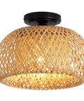 Bamboo Flush Mount Light Fixture With Woven Basket Design, Rustic Boho Semi Flush Ceiling Light, Black Finish