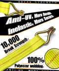 Close-up of 2 Inch By 27 Feet Ratchet Strap Tie Downs With J Hook Ends showing polyester webbing and 10,000 lb capacity.