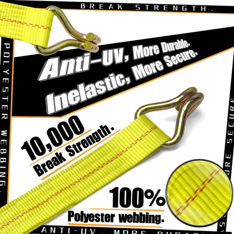 Close-up of 2 Inch By 27 Feet Ratchet Strap Tie Downs With J Hook Ends showing polyester webbing and 10,000 lb capacity.
