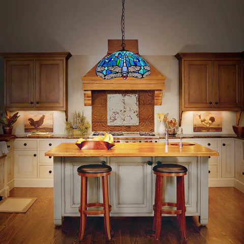 Antique Blue Dragonfly Tiffany Style 2-Light Stained Glass Pendant Light 16 Inch Wide Hanging Lamp With Adjustable 60 Inch Chain