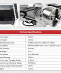 Killer Performance Cnc Rotary Fourth Axis K12 130Mm 4 Jaw Chuck Dividing Head specifications, showcasing Nema34 motor and dimensions.