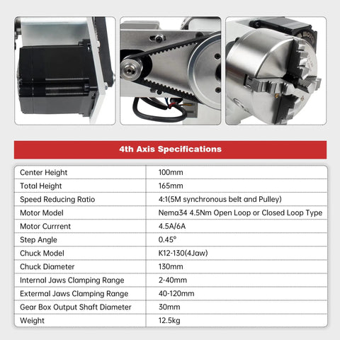 Killer Performance Cnc Rotary Fourth Axis K12 130Mm 4 Jaw Chuck Dividing Head specifications, showcasing Nema34 motor and dimensions.