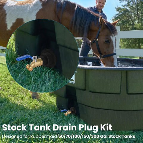 Drain Plug Kit For Stock Tanks That Fit Rubbermaid 50 70 100 150 And 300 Gallon Models, Brass Hose Faucet Connector close-up