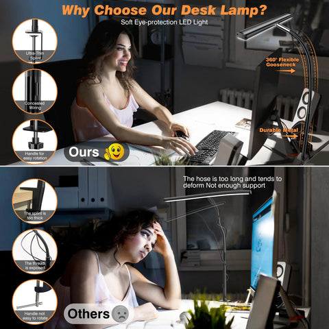 Airlonv LED desk lamp, black clamp-on with flexible gooseneck, 10W USB, office desk scene (Ours vs Others)