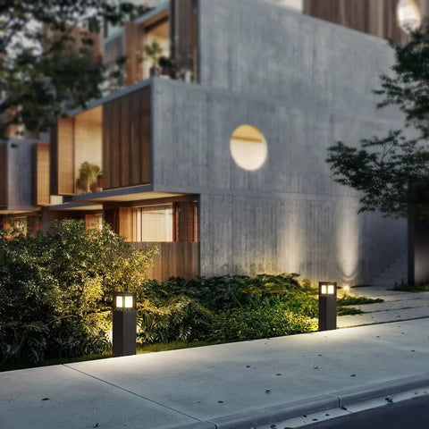 Go-To IP54 Waterproof Outdoor Bollard Path Light, 32-Inch Black LED Lamp, 3000K Warm White, illuminating driveway at night