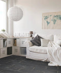 Living room with Retro Nero Porcelain Floor And Wall Tile 8.25 X 23.5 Inches glazed textured low sheen tiles on floor.