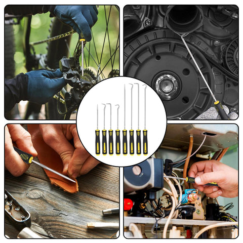 8 Piece Pick And Hook Tool Set For Auto Mechanics used for bike repair, automotive work, leather craft, and electronics maintenance.