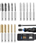 Heavy Duty 18 Pack Drill Wire Brush Set With One Quarter Inch Hex Shank Stainless Steel, Brass, And Nylon Bristles In Six Sizes Bore Brush Kit Includes Handle, Extension Bar, And Tool Bag For Rust Removal And Auto Cleaning displayed on white background.