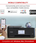 PIXMA TR8620a All In One Printer For Home Office With Copy, Scan, Fax, Auto Document Feeder, Photo And Document Printing, AirPrint, Android, Alexa Compatible, Wireless, Workhorse, Black with mobile compatibility features.
