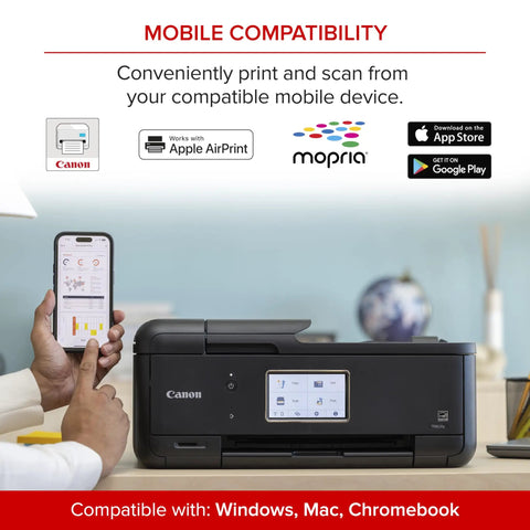 PIXMA TR8620a All In One Printer For Home Office With Copy, Scan, Fax, Auto Document Feeder, Photo And Document Printing, AirPrint, Android, Alexa Compatible, Wireless, Workhorse, Black with mobile compatibility features.