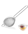 Ultra Fine Mesh Strainer With Handle Stainless Steel Kitchen Sieve 3.35 Inch Small Filter for tea, shown straining tea over a glass bowl.