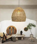 Seagrass Pendant Light With Handwoven Rattan Lampshade 19.68 Inch Wide Rustic Farmhouse Hanging Lamp in cozy living room