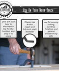 8 Inch Bench Holdfast Clamps for Woodworking in use on workbench, demonstrating heavy duty hold downs for carving and sanding.
