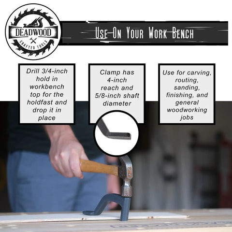 8 Inch Bench Holdfast Clamps for Woodworking in use on workbench, demonstrating heavy duty hold downs for carving and sanding.