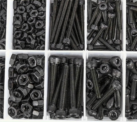 Massive 1260 Piece Metric Bolt Kit With M2 M3 M4 Fasteners, 21 Sizes From 4mm To 30mm, Alloy Steel Hex Bolts Nuts Washers Set For DIY Projects And Repairs, Built Tough For Everyday Fixes, black alloy steel bolts and nuts in organizer tray