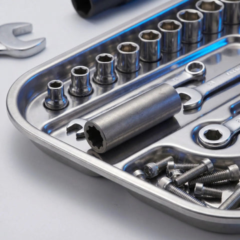 Heavy Duty Steel Hoist Pump Connection Shaft Fit For 2.2 Inch Auto Lift Motor Transmission Coupler Reduces Vibration And Stops Fatigue Fractures In Workshop Garage Repair Setup with tool set in stainless tray.
