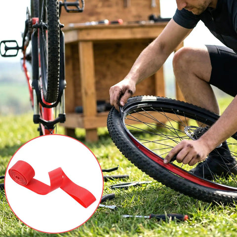 Red 26 Inch Bicycle Rim Tape 4 Pack Elastic PVC Nylon Rim Strips Protect Inner Tube From Spoke Holes And Sharp Edges High Pressure Puncture Resistant Wheel Liner For Mountain And Road Bikes installation on a bike.