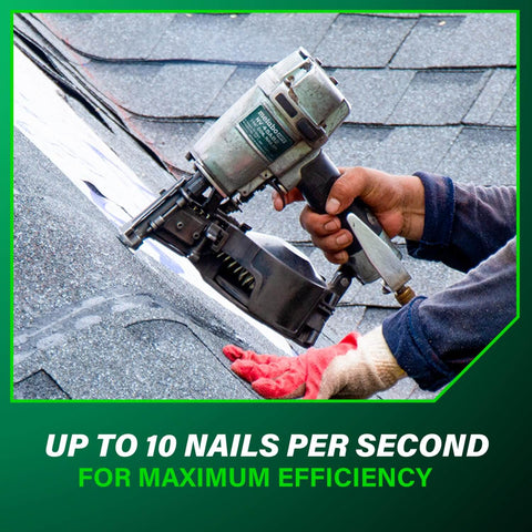 Pro-Grade Pneumatic Roofing Nailer For Asphalt Shingles in use on shingle roof, showing heavy duty workhorse performance.