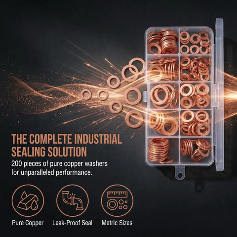 200 Piece Copper Crush Washer Set Metric Assortment With 9 Sizes For Oil Water And Fuel Lines Durable Copper Flat Washers With High Conductivity And Heat Tolerance Seals Tight And Prevents Leaks For DIY Projects., 200-piece copper washer assortment in organizer case, metric sizes