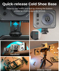 Close-up of Vibe P108 Pro RGB Video Light with cold shoe mount being attached to different setups: handheld, phone cage, and tripod.