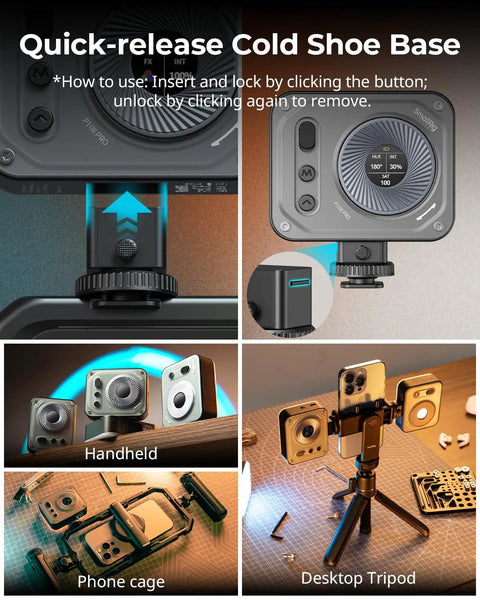 Close-up of Vibe P108 Pro RGB Video Light with cold shoe mount being attached to different setups: handheld, phone cage, and tripod.