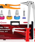 Beefed-Up PEX A Expansion Tool Kit with various expansion heads and tube cutter, featuring manual expander for ASTM F1960 fittings.