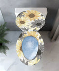 Toilet Seat Elongated Seamless for Bathroom with floral sunflower design, top view, fits standard elongated toilets.