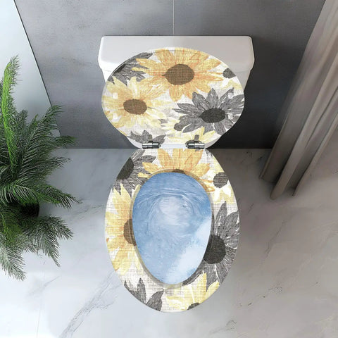 Toilet Seat Elongated Seamless for Bathroom with floral sunflower design, top view, fits standard elongated toilets.