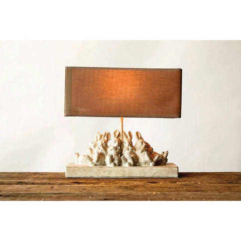 Whitewashed Rabbit Table Lamp With Sand Colored Linen Shade Cute Bunny Night Light For Farmhouse Nursery And Woodland Decor Cozy Bedroom Accent With Six Sleeping Baby Bunnies At The Base.