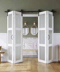 White Frosted Glass Bifold Barn Door 48x84 Inches With Hardware Kit Installed in Laundry Room