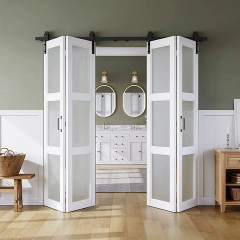 White Frosted Glass Bifold Barn Door 48x84 Inches With Hardware Kit Installed in Laundry Room