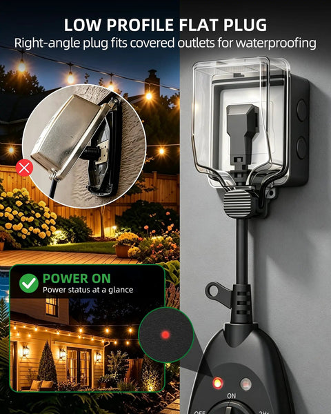 Slick Weatherproof Outdoor Light Timer With Dusk To Dawn Automatic Control And Two Grounded Outlet Plugs For Patio Garden Pathway Porch Lighting Smooth Operation Zero Hassle Plug And Play Installation with low profile flat plug