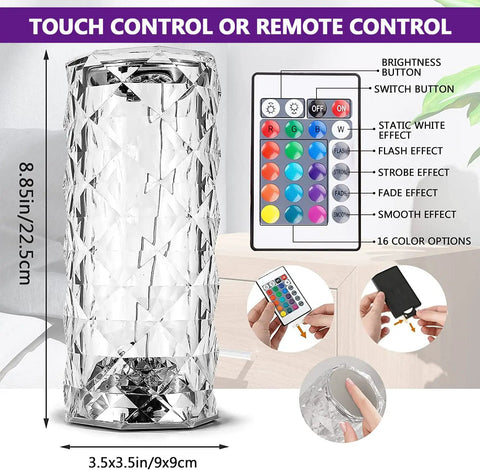 Rose Crystal Table Lamp With 16 Colors RGB Lights, Touch And Remote Control, USB Rechargeable 2000mAh Battery Delivers Up To 12 Hours