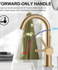 Champagne Bronze Single Handle Bathroom Faucet One Hole Vanity Sink with forward-only handle and water flow illustration.