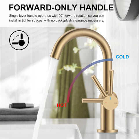 Champagne Bronze Single Handle Bathroom Faucet One Hole Vanity Sink with forward-only handle and water flow illustration.