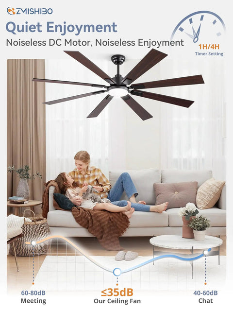 Living room with 65 Inch Ceiling Fan With Lights And Remote Black Finish, family relaxing, quiet enjoyment with whisper quiet DC motor.