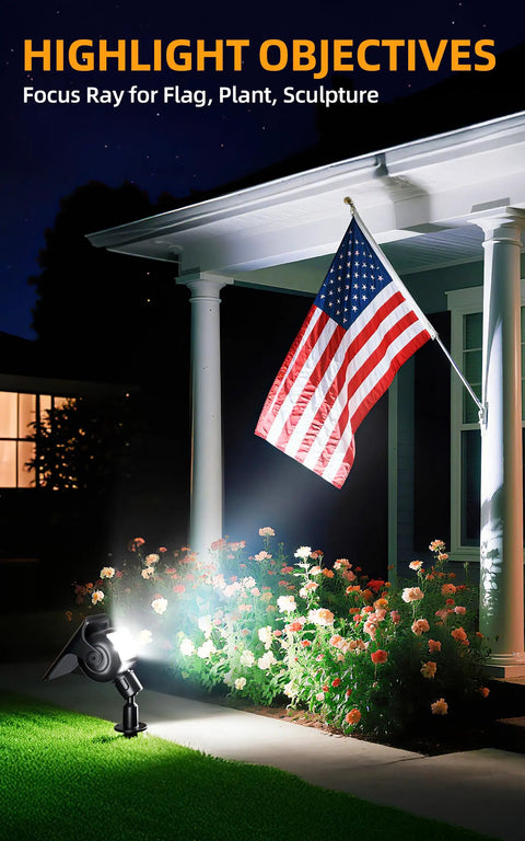 Garden with flag lit by Robot Inspired Solar Spotlight Outdoor Waterproof With Auto On Off And Dual Brightness Modes for Pathway