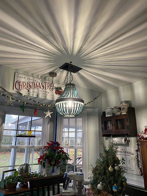 Wood Bead Chandelier Pendant Lights In Gray Blue Finish, Retro Vintage Rustic Kitchen Ceiling Lamp, casting light pattern