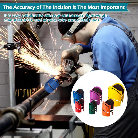 Worker using Magnetic Metal Pipe Cutting Guide Kit For Pros With Six Diameters 1 5/8 In, 1 7/8 In, 2 3/8 In, 2 7/8 In, 3 1/2 In, 4 1/2 In