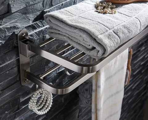 Stainless Steel Towel Rack With Double Towel Bar And Hooks For Bathroom Wall Mounted Shelf Slick Space Saving Foldable Brushed
