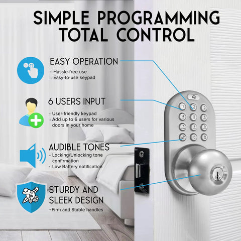 TKK Digital Door Knob Lock With Electronic Keypad Satin Nickel Finish on bedroom door showcasing features like user input, audible tones.