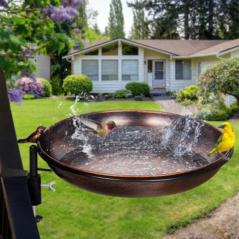 Deck Mounted Metal Bird Bath With Adjustable Steel Clamp For Railings And Balconies No Fuss Lightweight Detachable Bowl