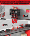 Comparison of organized and messy workbench showcasing the Heavy Duty Power Tool Organizer Wall Mount with 3 Layer Garage Storage Rack.