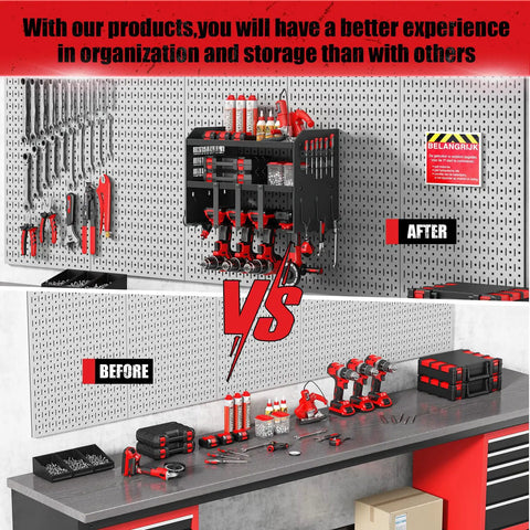 Comparison of organized and messy workbench showcasing the Heavy Duty Power Tool Organizer Wall Mount with 3 Layer Garage Storage Rack.