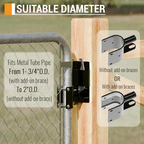 Heavy Duty Two Way Farm Gate Latch Lockable Livestock Latch Anti Rust Steel Ranch Fence Hardware Built Tough As Nails To Keep Your Cattle Locked Down Securely 1 Pack with fitting details for metal tube pipe.