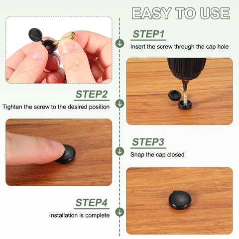 Easy to use Slick Hinged Screw Snap Covers Set Of 200 Bronze Plastic Shutter Screw Caps installation steps on wooden surface.