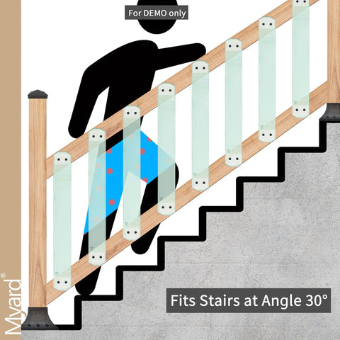 Illustration of laminated and tempered clear glass balusters for deck rails with included brackets on staircase, 29.5 inch length